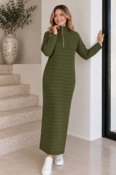 benguen Ribbed Knitwear Dress with Zipper on the Collar K3069 Khaki