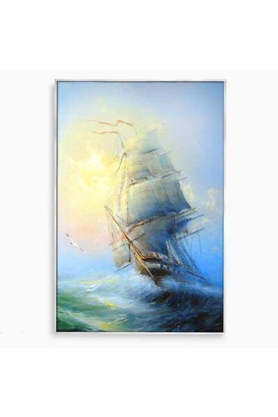 Luxcanva Tablou Canvas Vapor Pe Mare 70x100 cm cu Rama Argintiu Valuri Furtun...