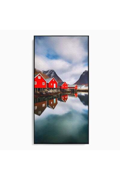 Luxcanva Tablou Canvas Red Houses 60x120 cm cu Rama Negru Room Reflexie Apa