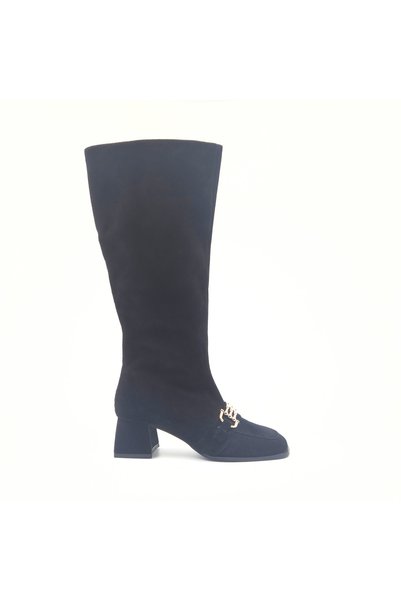 Folle Black Suede Women's Boots with Gold Accessories, 5 cm Heel, Zippered Long Boots