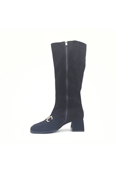 Folle Black Suede Women's Boots with Gold Accessories, 5 cm Heel, Zippered Long Boots