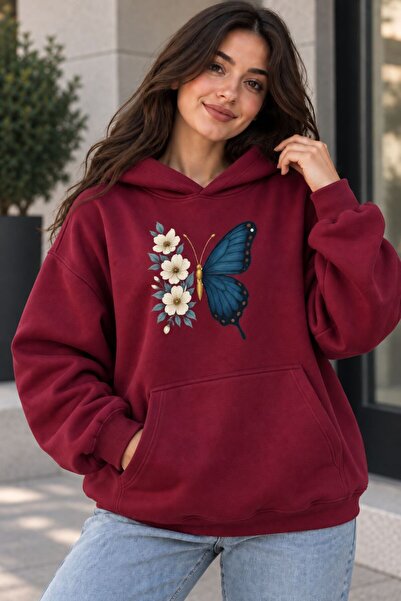 PENTHİLUS Kadın Oversize Kelebek ve Çiçek Baskılı Kapüşonlu Sweatshirt Kangur...