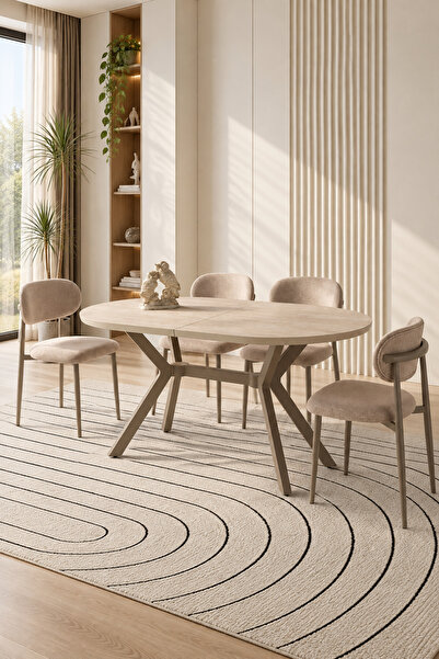 Lisso Home Derin Yemek Masası 90x160(+30), H: 78 cm Traverten Tabla-Valentino...