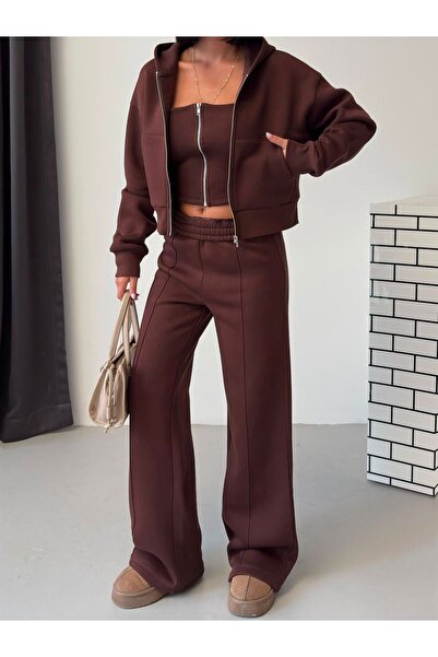 NEW JOURNAL Women's Brown Zippered Bustier 3 Thread Raster Triple Sweatpants ...