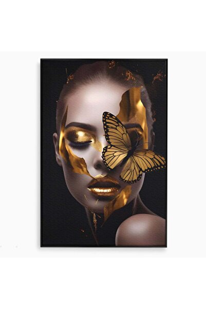 Luxcanva Tablou Canvas Fluture De Aur 50x70 cm cu Rama Negru Decorativ Femeie...