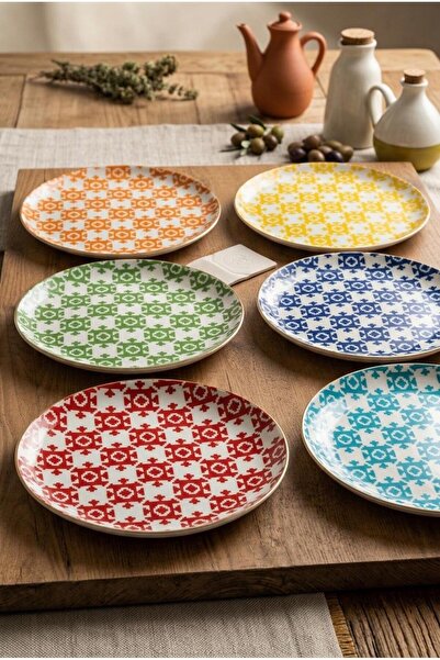 Porland Ethnical 6 Adet 28 cm Düz Tabak Seti – Renkli Desenli Servis Tabağı
