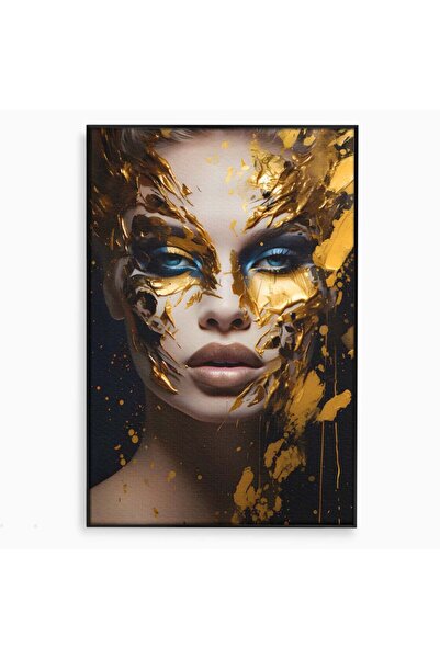 Luxcanva Tablou Canvas Gold Girl 50x70 cm cu Rama Negru Living Room Femeie Auriu