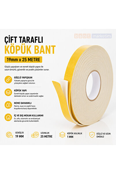 Çift Taraflı Köpük Bant 19mm x 25 Metre Yapışkanlı Sünger Bant Montaj Sabitleme İzolasyo . BMPBM2250