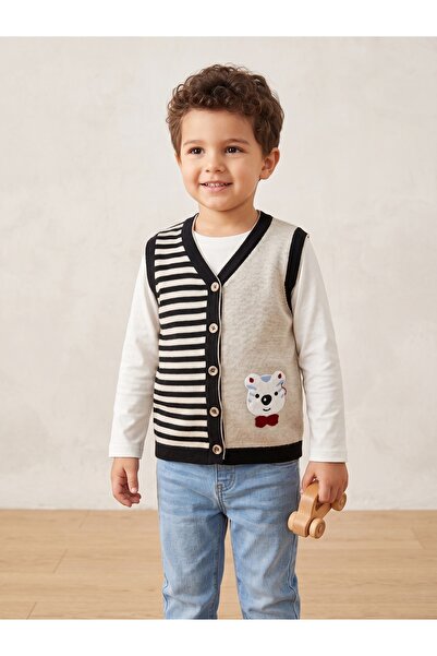 Deniva Kids Unisex Çocuk Çizgili ve Ayıcık Figürlü Düğmeli Triko Süveter Yelek