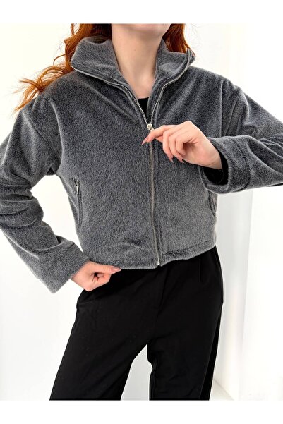 NEW JOURNAL Women's Anthracite Stand Collar Crop Plush Jacket Nh2703