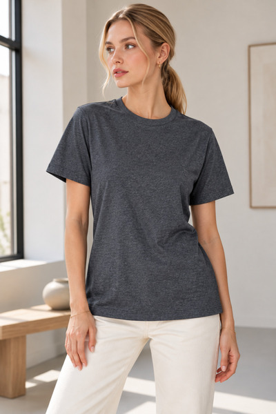 QUHOX Kadın Bisiklet Yaka Kısa Kollu Basic T-Shirt Antrasit