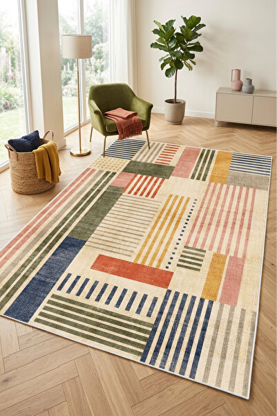 Decomia Home Dijital Kaymaz Yıkanabilir Renkli Çizgili Modern Salon Halısı Mu...