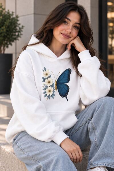 PENTHİLUS Kadın Oversize Kelebek ve Çiçek Baskılı Kapüşonlu Sweatshirt Kangur...