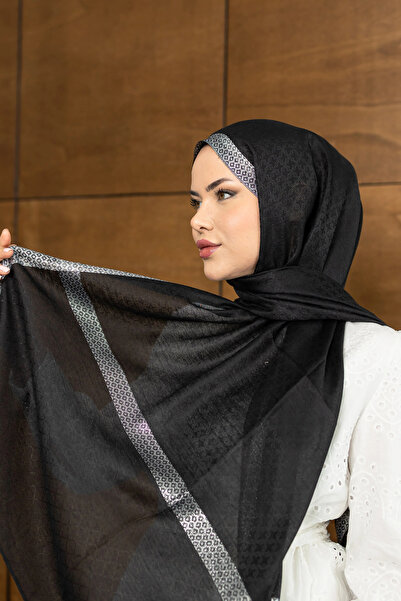 Arwella Gümüş Işıltılı %30 İpek Şal - Siyah