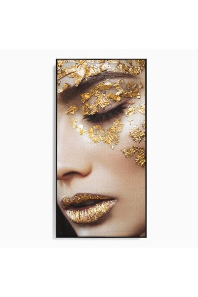 Luxcanva Tablou Canvas Gold Eyes 70x140 cm cu Rama Negru Portret Femeie Auriu