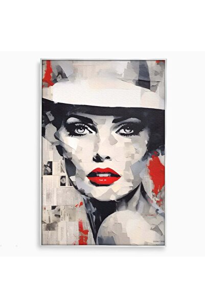 Luxcanva Tablou Canvas Madame 70x100 cm cu Rama Argintiu Room Buze Rosii Palarie
