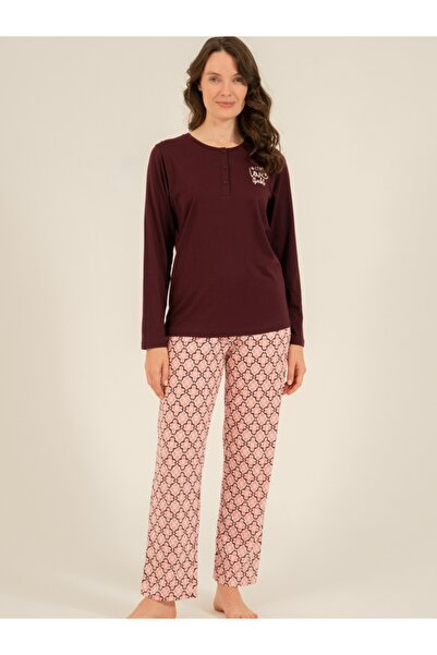 Arnetta Set de pijamale pentru femei, 50% bumbac, 50% modal, mov, Live Love Sparkle, cu detaliu buzunar, decolteu tip crew, cu mâneci lungi