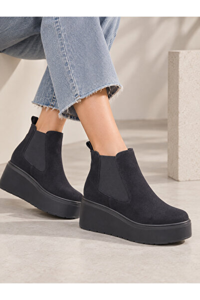 Folle Siyah Süet Kadın Chelsea Bot 6.5 cm Flatform Taban Lastikli Günlük Bot