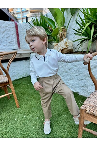 favorimkids طقم ميلانو بيج للأولاد من القطن بياقة بولو وبنطلون مكون من قطعتين