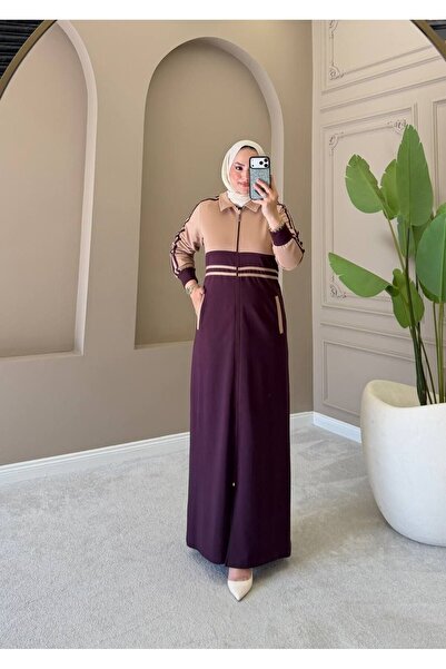 moda4b معطف نسائي طويل من القطن بخيطين وجيوب بسحاب وقصة مريحة وعباية يومية n-...