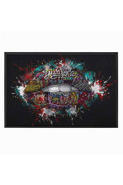 Luxcanva Tablou Canvas Buze Graffiti 150x100 cm cu Rama Negru Pop Art Urban E...