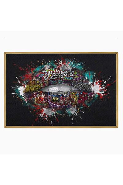 Luxcanva Tablou Canvas Buze Graffiti 70x50 cm cu Rama Auriu Pop Art Urban Exp...
