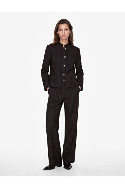 Koton Button Detailed Mandarin Collar Pocketed Striped Blazer Jacket with Met...