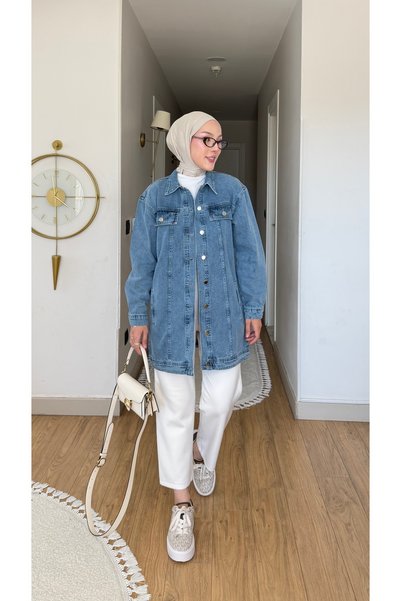Colomer Women's Shirt Collar, Side Pockets, Buttoned, Long Sleeves, Piecewise Long Denim Jacket