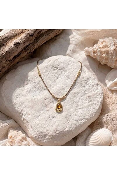 TulipeAtelier Kaplan Gözü Taşlı Gold Damla Plaka Kolye