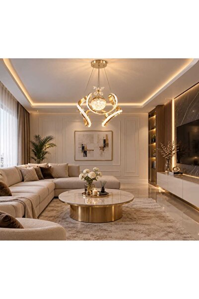 Şaheser Miray Modern LED Avize Gold 3'lü Halka Tasarım Şık Oturma Odası Salon...