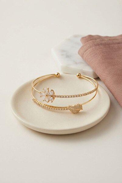 norsary Gold Color Zircon Stone Flower Model Women's Bracelet