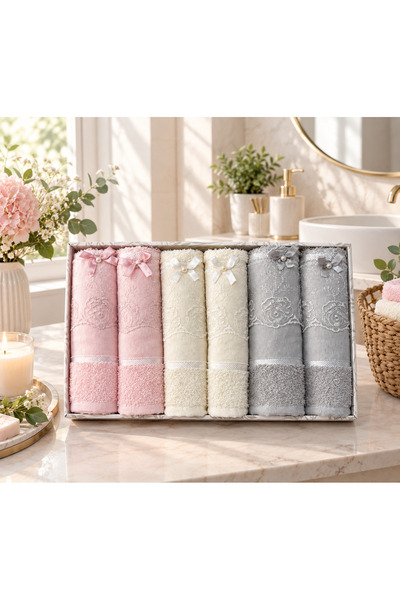 ROYAM Set of 6 Papyrus Laced Boxed 100% Cotton Hand and Face Towels 50 X 90