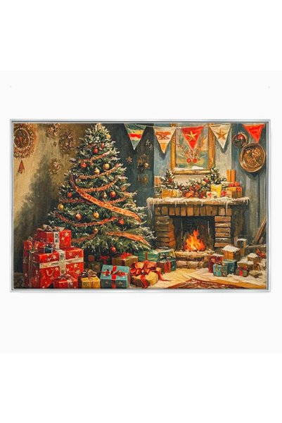 Luxcanva Tablou Canvas Noaptea de Ajun 100x70 cm cu Rama Argintiu Brad Becule...