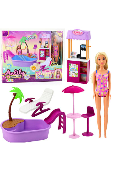 LEAN Set de păpuși Anlily pe plajă cu piscină, palmier, stand de băuturi și a...