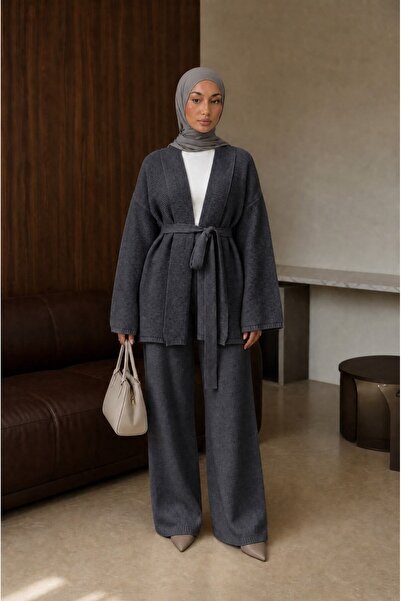 HerTon Set dublu de tricotaje cu curea și guler kimono, cu croială confortabi...