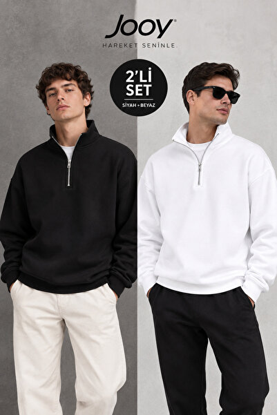 Jooy Dik Yaka Yarım Fermuarlı Sweatshirt Siyah Beyaz 2'li Avantaj Set