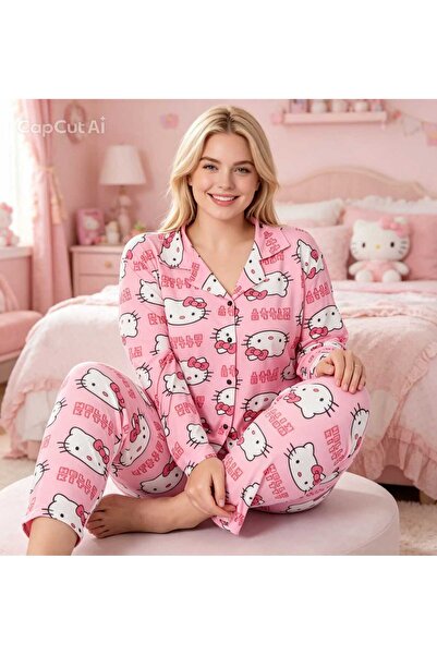 NiCe İç Giyim Sevimki Cat Pattern Ροζ Χρώμα Υπερμεγέθη Μακρυμάνικο Πουκάμισο ...