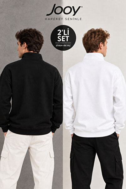 Jooy Dik Yaka Yarım Fermuarlı Sweatshirt Siyah Beyaz 2'li Avantaj Set