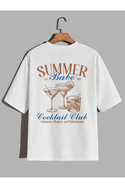 CrowsGate Tricou supradimensionat alb cu imprimeu Summer Babe Cocktail Club