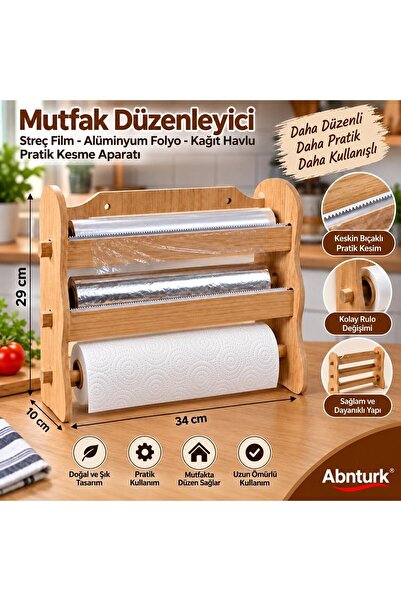 abnturk Ahşap 3'lü Folyoluk Streçlik ve Kağıt Havluluk-Mutfak Düzenleyici Org...
