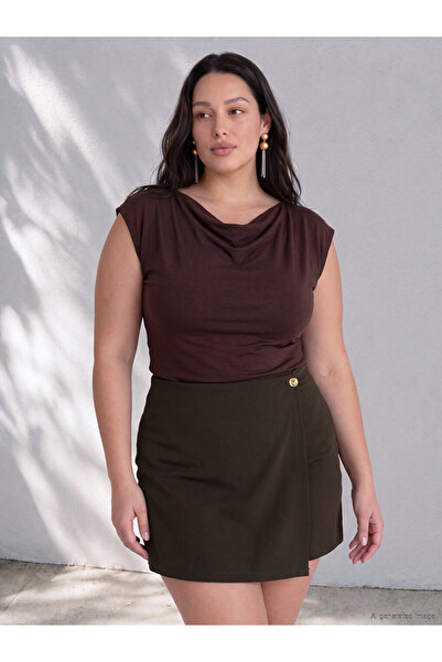 LC Waikiki Vizyon New Season Brown Plus Size Wrap Look Shorts Skirt