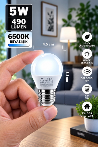 Aryes E27 G45 Mini LED Ampul 5W 490 Lümen 6500K Beyaz Işık 4,5×8,3 cm