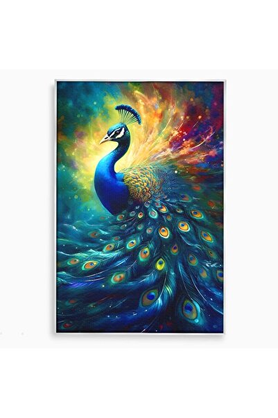 Luxcanva Tablou Canvas Paun Stralucitor 100x150 cm cu Rama Argintiu Culori Pa...