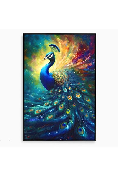 Luxcanva Tablou Canvas Paun Stralucitor 50x70 cm cu Rama Negru Culori Pasari ...