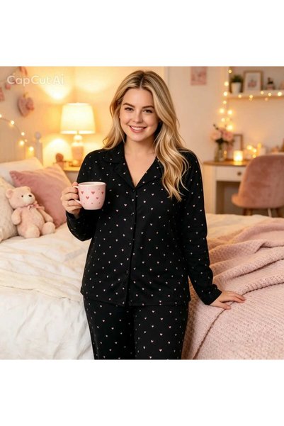 NiCe İç Giyim Plus Size Women's Pajama Set Black Heart Pattern Buttoned Long Sleeve Sleepwear Stylish & Soft Comfortable (3Xl-4Xl-5Xl)