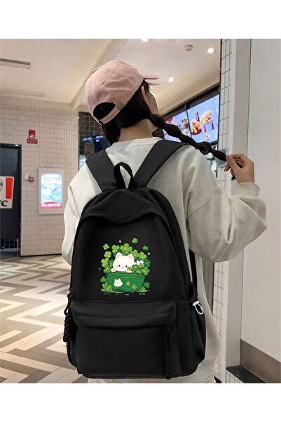 Minga London Black Clover-Cat Green Printed School, Class, Course Backpack