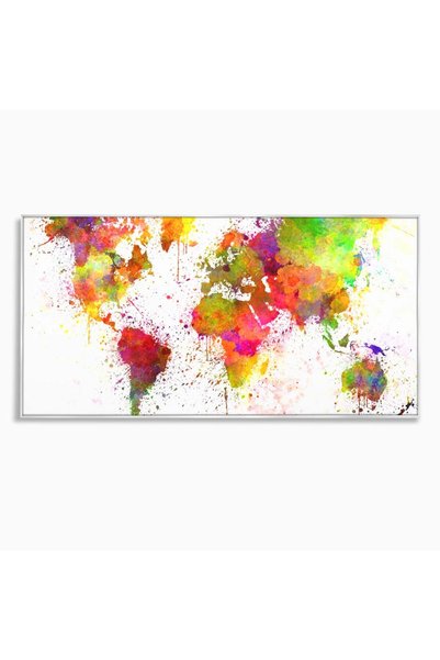 Luxcanva Tablou Canvas Harta Lumii In Culori cm cu Rama Argintiu Inspirationa...