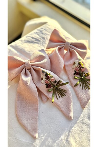 Generic Brand Floral Bouquet Embroidered Large Bow Pink Hair Clip |   Handmad...