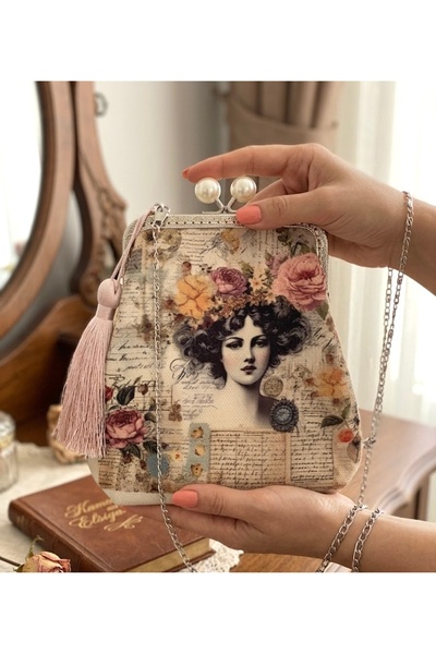 Arzu Demir 18x18 cm ölçülerinde Vintage Desenli Keten Kumaş , Hafif çanta