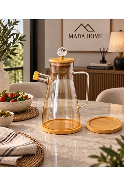 Mada Home 900 ML Cam Yağdanlık Ahşap Kapaklı Alt Tablalı Zeytinyağı Sirke Yağ...
